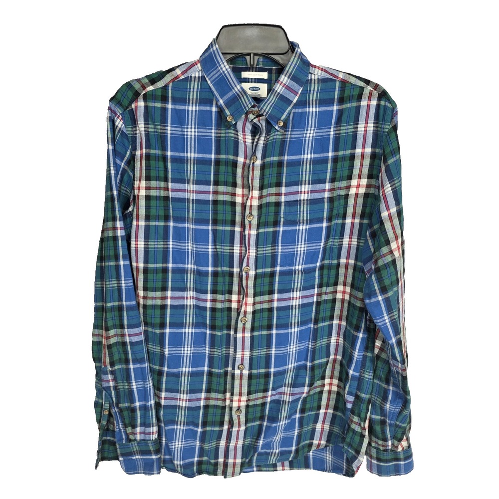 Old Navy Flannel Shirt Mens Medium Blue Green Plaid Slim Button Up Long Sleeve